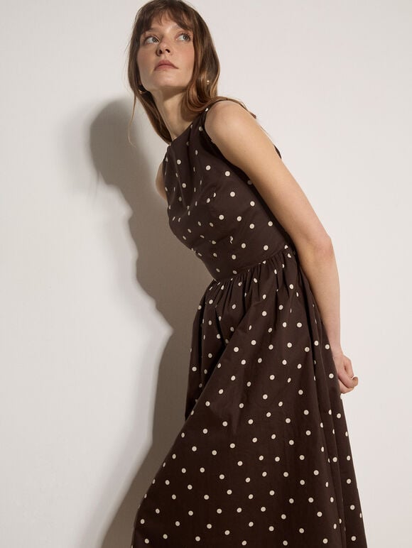 Polka Dot A-Line Cotton Midi Dress, Brown, large