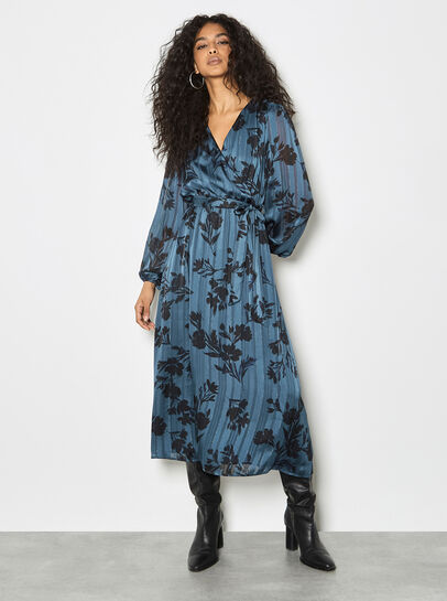 Satin Shimmer Floral Wrap Midaxi Dress