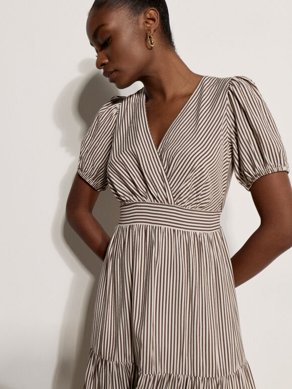 Stripe Wrap Midaxi Dress, Brown, large