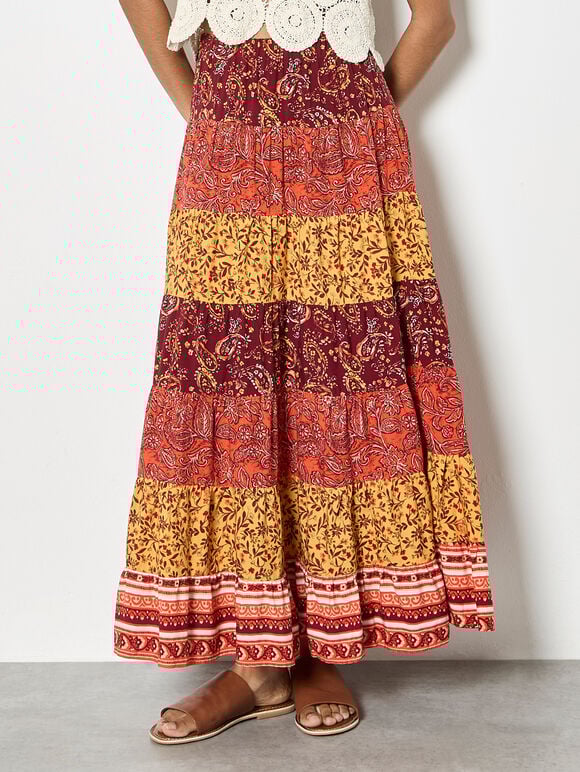Patchwork Print Tiered Maxi Skirt, Orange, large