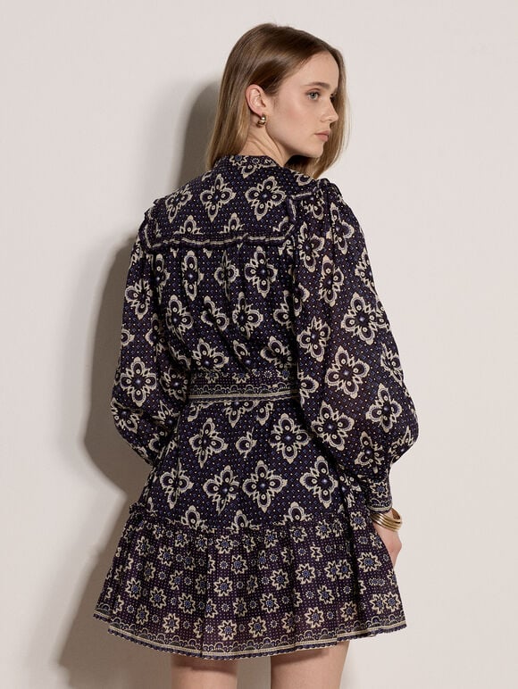 Tile Print Shift Mini Dress, Navy, large