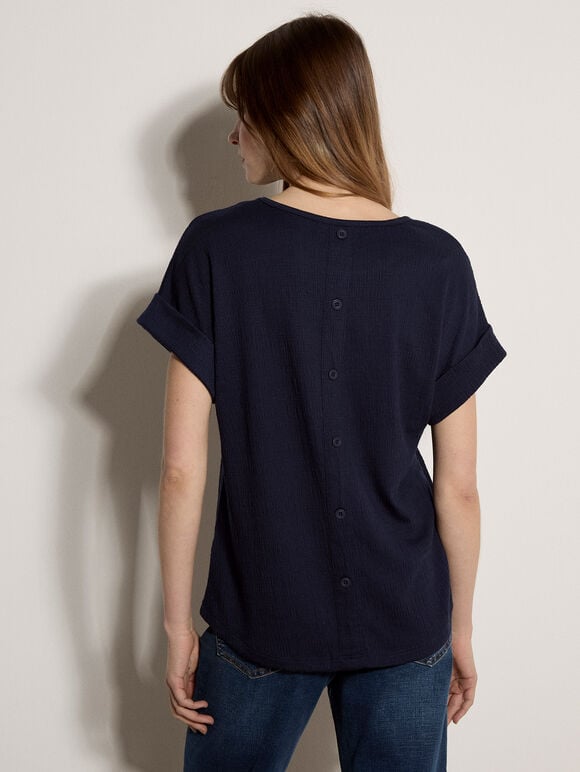 Button Back Textured T-Shirt, Navy, large