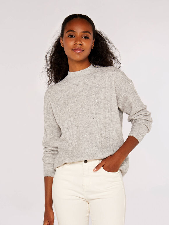 Pull chauve-souris orné de sequins, gris, grand