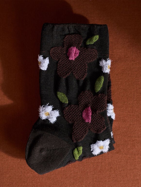 Big Flower Socks, Black, large