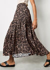 Leaf Print Tiered Midi Skirt, Brown, large