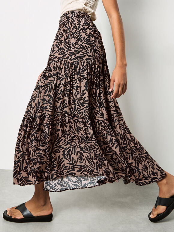 Leaf Print Tiered Midi Skirt, Brown, large
