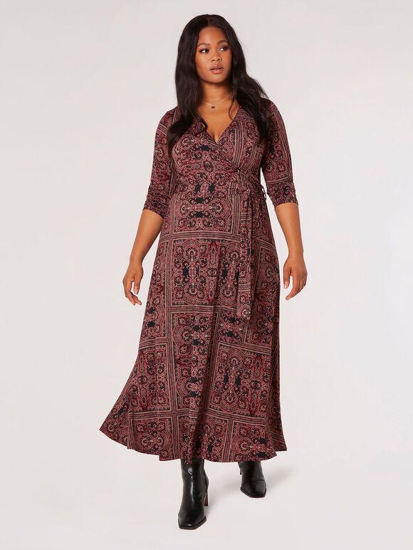 Midaxi-Kleid mit Curve-Schal-Print, Burgunderrot, Größe L