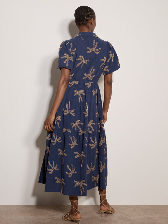 Embroidered Palms Cotton Midi Dress, Blue, large