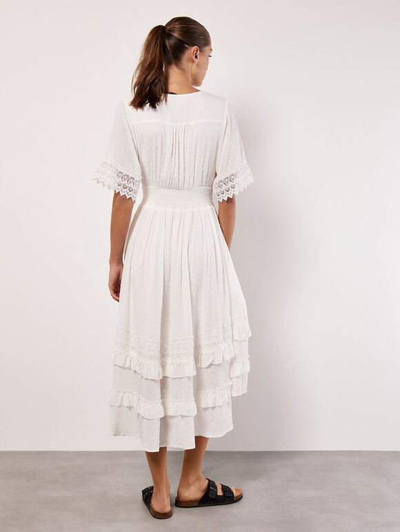 Dobby Ruffle Tiered Midi Dress, Cream, large