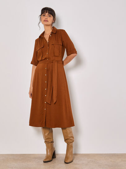 Linen Blend Utility Shirt Midi Dress
