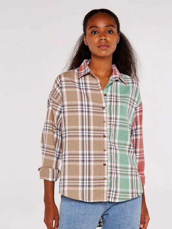 Patchwork Plaid Shirt, Mint, large