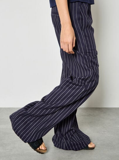 Pinstripe Linen Blend Wide-Leg Trousers