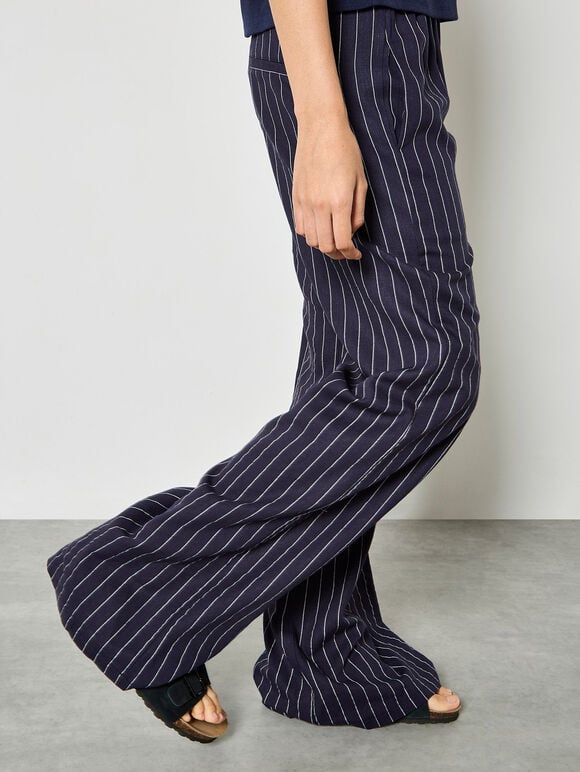 Pinstripe Linen Blend Wide-Leg Trousers, Navy, large