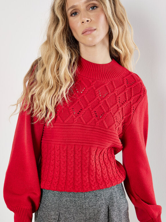 Twist Cable Knit Jumper, Red, large