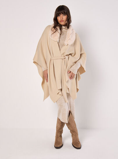 Faux Fur Collar Poncho