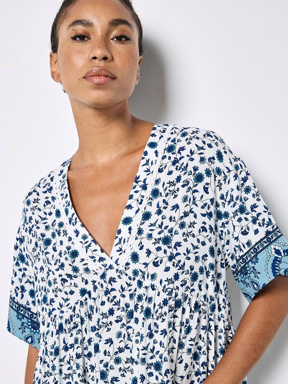 Sarasa Floral Smock Mini Dress, Blue, large