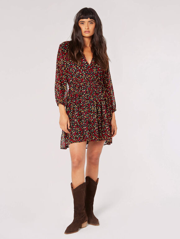 Ditsy Floral Ruched Mini Dress, Black, large