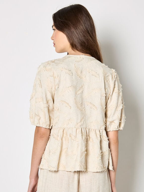 Eyelash Embroidery Linen Blend Blouse, Stone, large