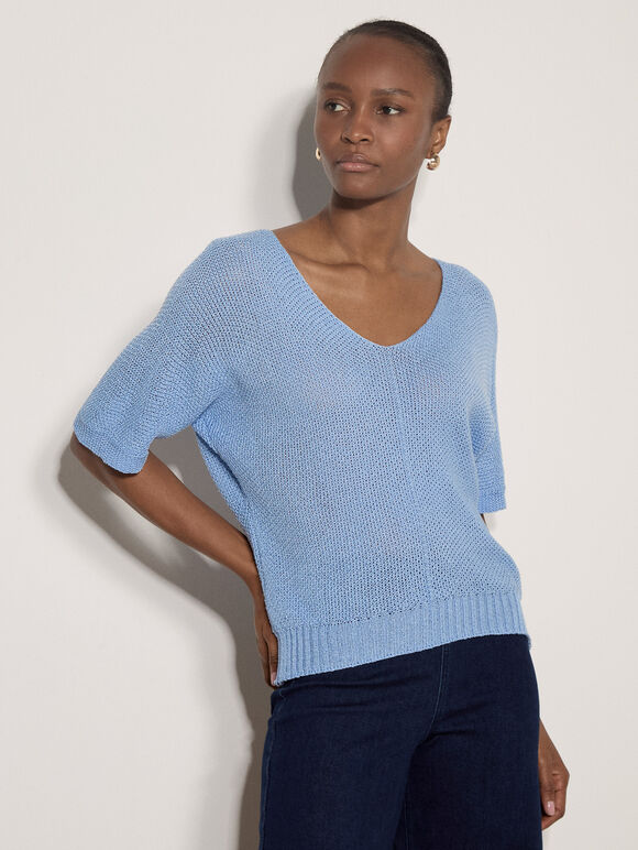 Waffle Open Knit Top, Sky Blue, large