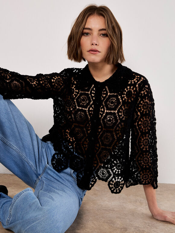 Geometric Crochet Shirt, Black, large