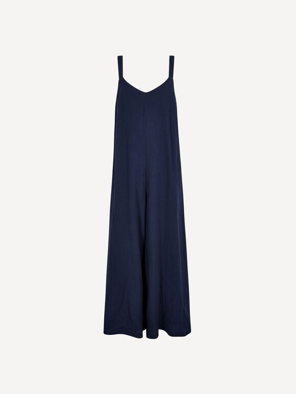 Wide-Leg Textured Cotton Jumpsuit, Navy, large