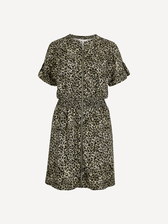 Leopard Print Zip-Down Mini Dress, Khaki, large