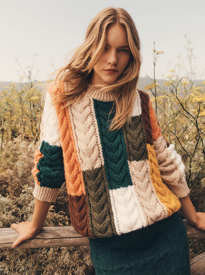 Colour Block Chunky Knit Cable Jumper