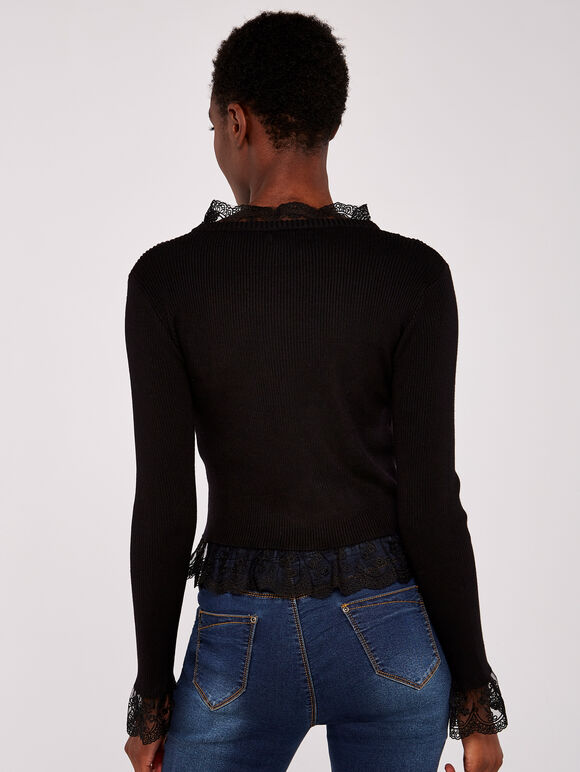 Lace Trim Ribbed Jumper, Black, large
