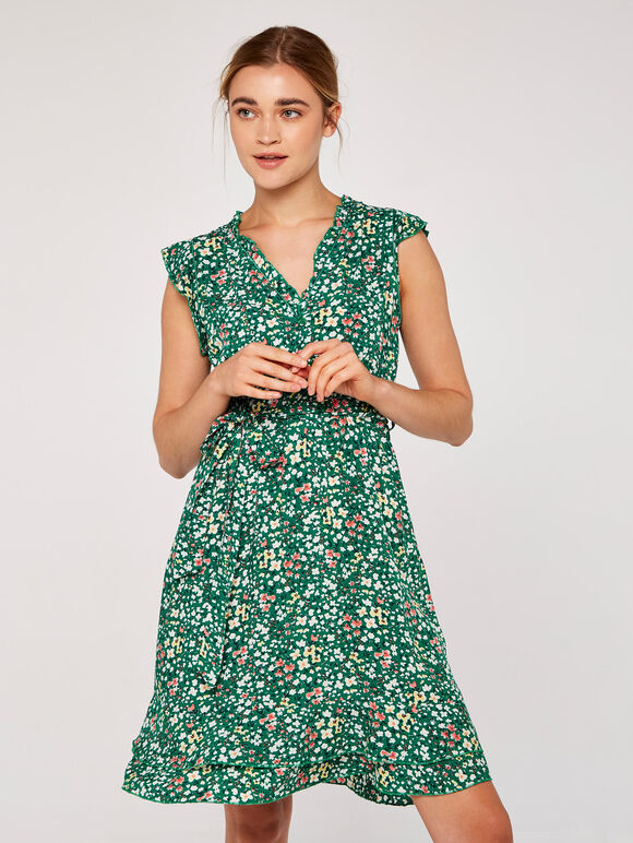 Ditsy Ruffle Mini Dress, Green, large