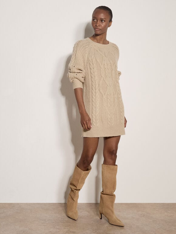 Cable Knit Jumper Mini Dress, Stone, large