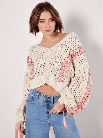 Chunky Knit Cropped Bow Cardigan