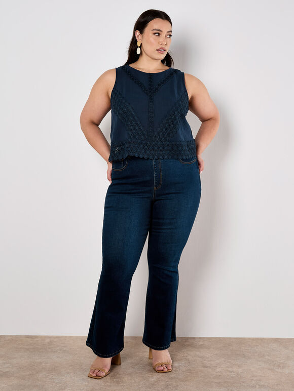 Cotton Lace Bow Top, Navy, large