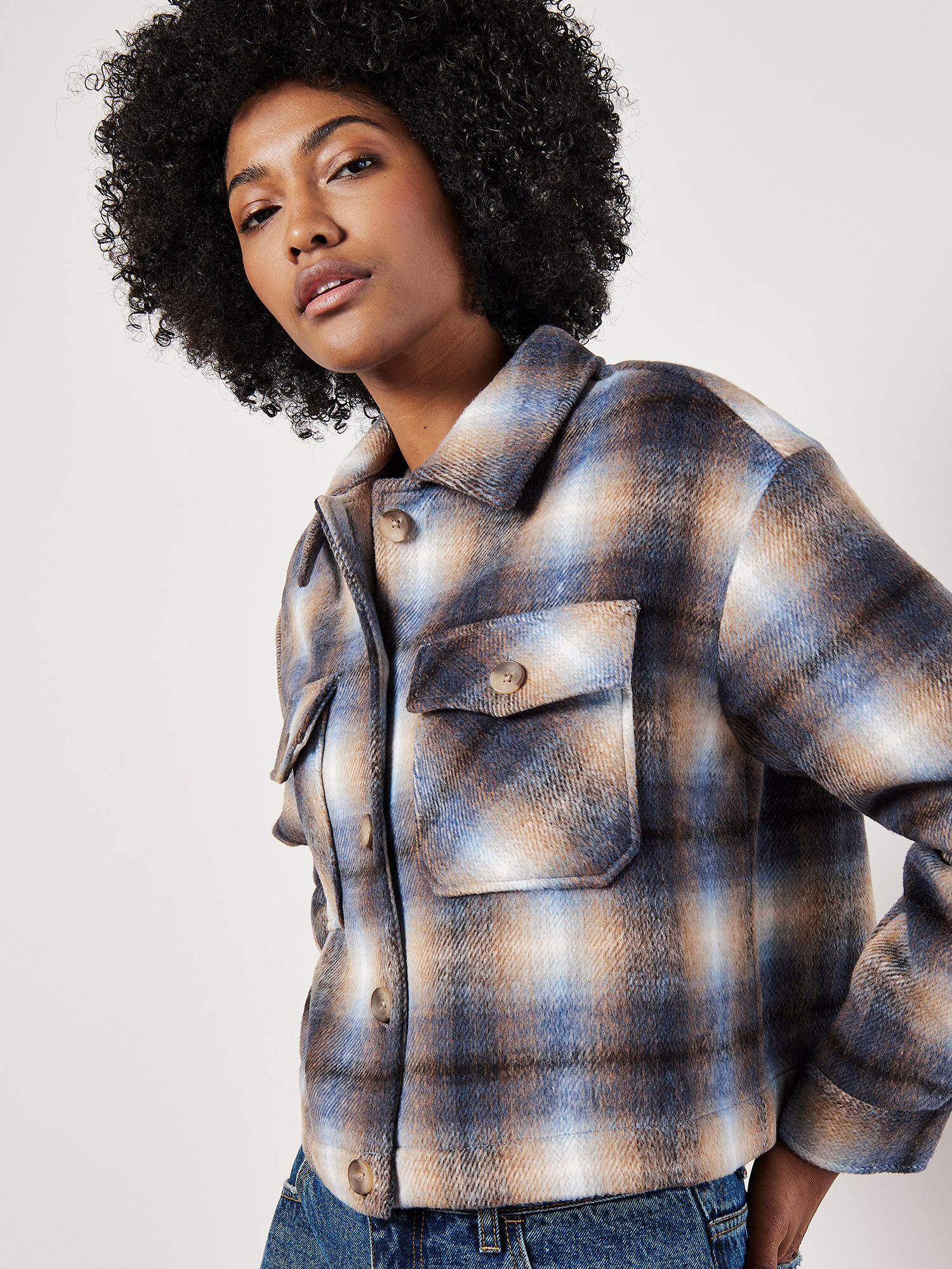 Brushed Check Cropped Jacket Apricot Clothing
