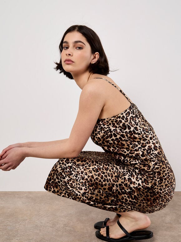 Leopard Print Textured Slip Midi Dress, Stone, large