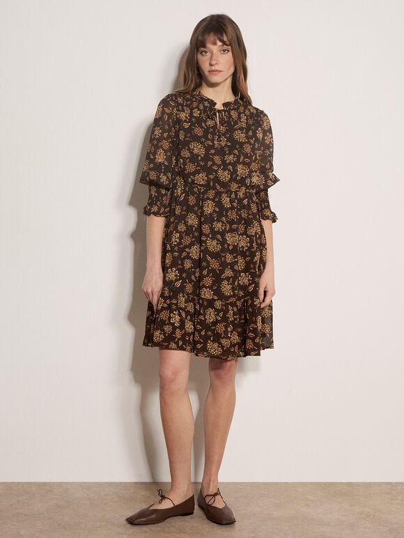 Folk Floral Chiffon Mini Dress, Brown, large