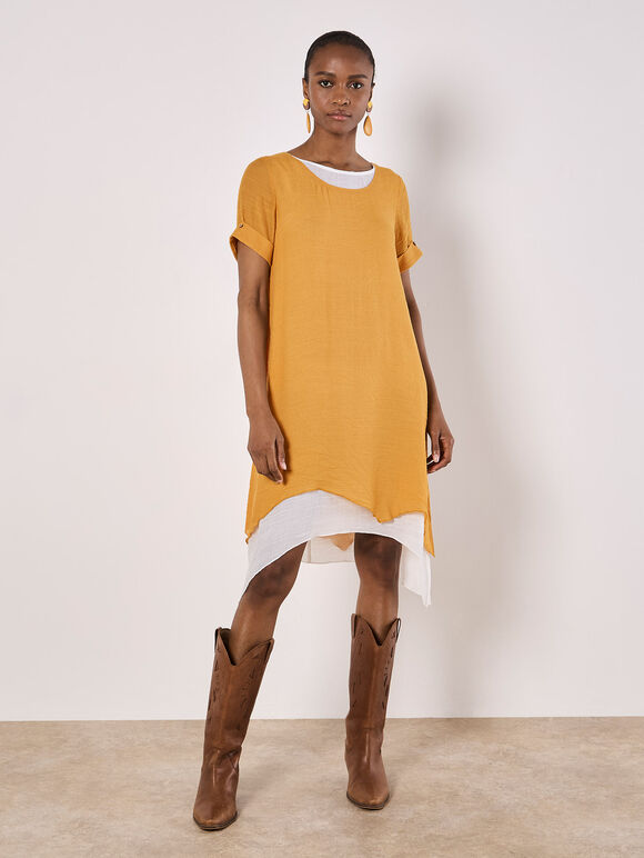 Slub Shimmer Tunic Mini Dress, Mustard, large