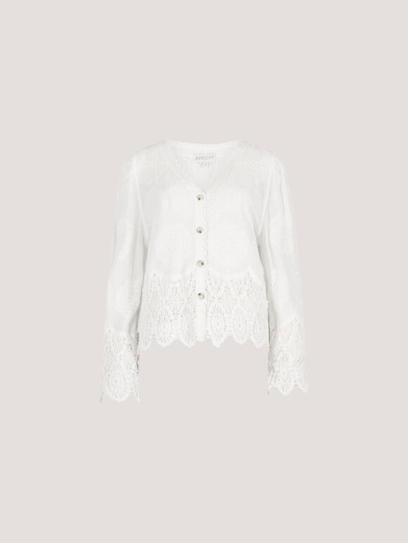 Embroidered Daisies Crochet Lace Top, White, large