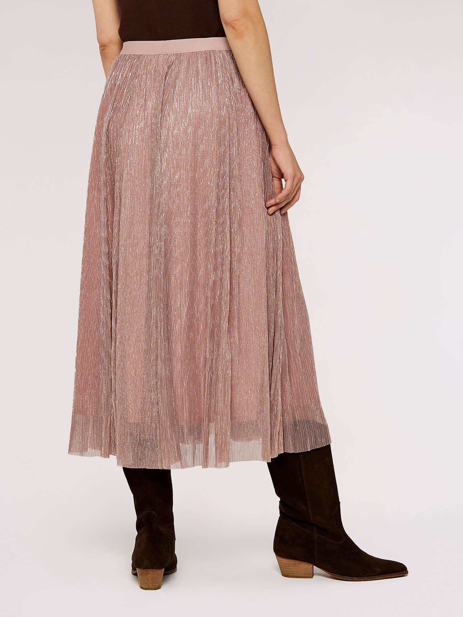 Metallic midi skirt rose gold top