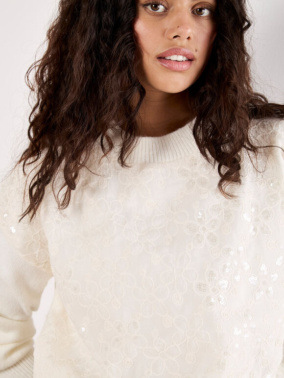 Sequin Embroidered Floral Panel Jumper, Cream, large