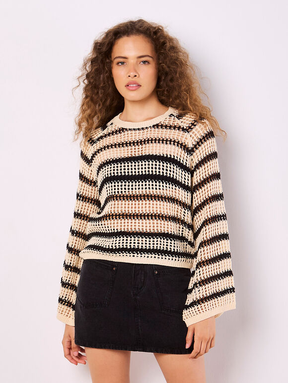 Stripe Mesh Knit Bell Sleeve Jumper, Stone, large
