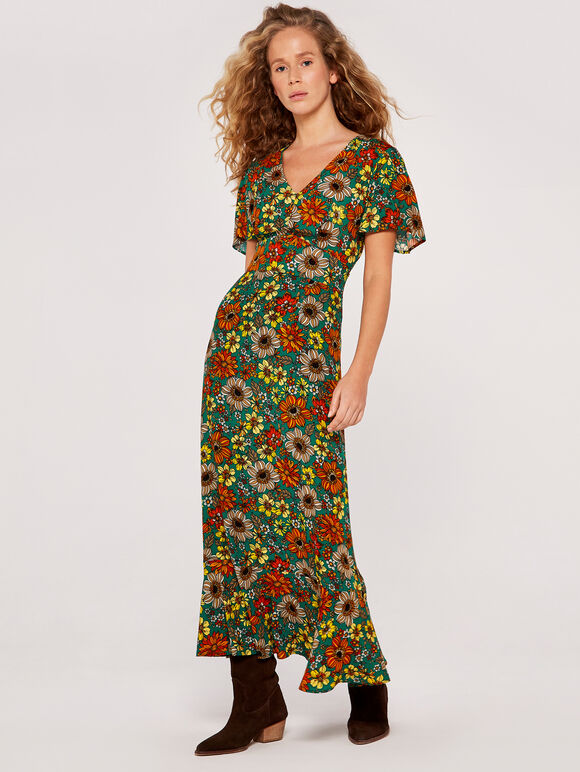 Floral Angel Sleeve Dress, Green, large