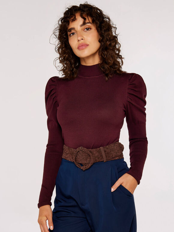 Ruched Shoulder Fitted Jumper, Burgundy, large