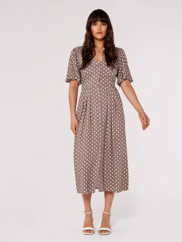 Polkadot Shirt Midi Dress, Grey, large