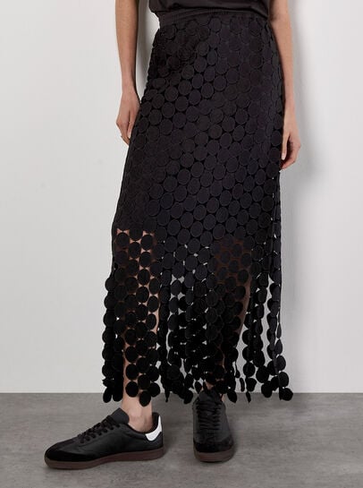 Guipure Circle Lace Fringe Maxi Skirt