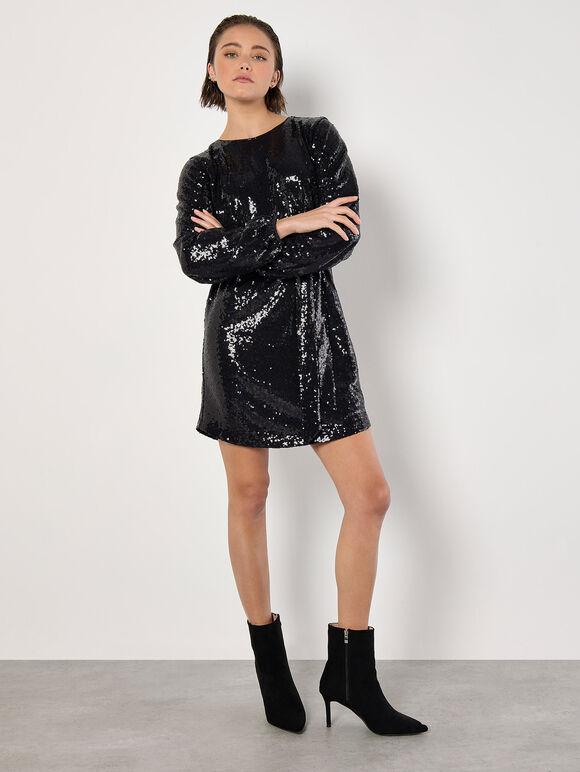 Sequin Shift Mini Dress, Black, large