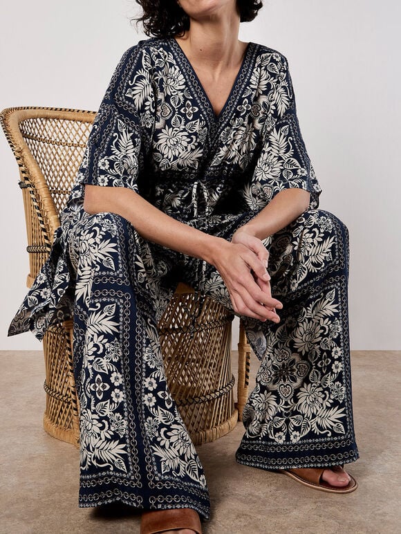 Scarf Print Kimono Mini Dress, Navy, large