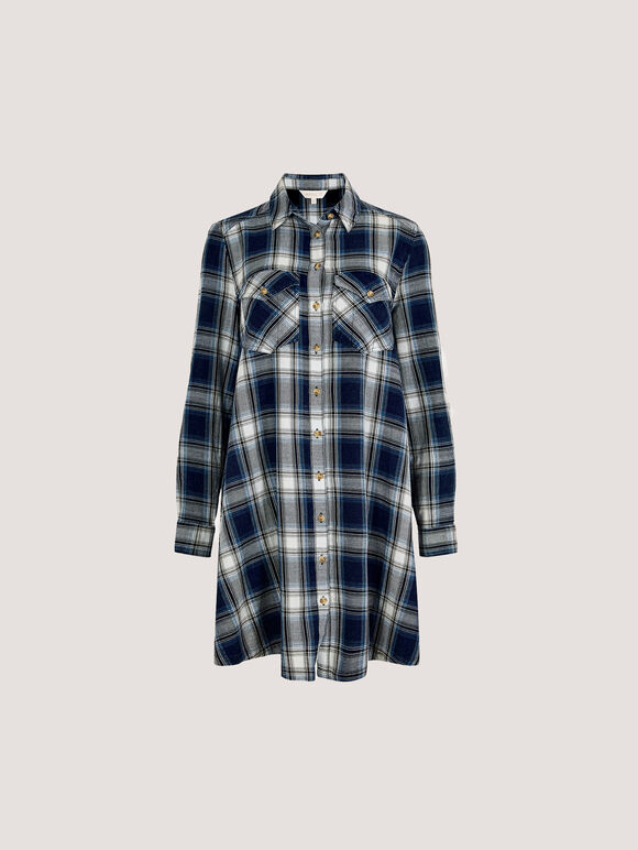 Washed Check Western Shirt Mini Dress, Blue, large
