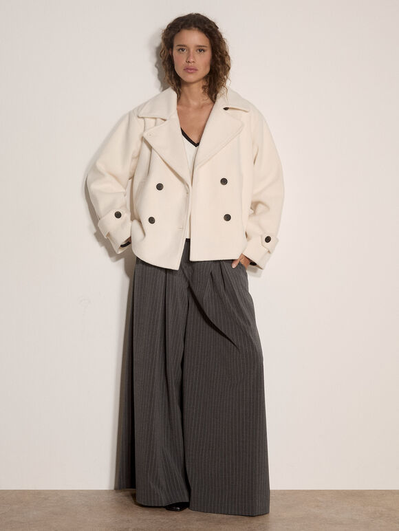 Tailored Short Peacoat Jacket, Cream, large