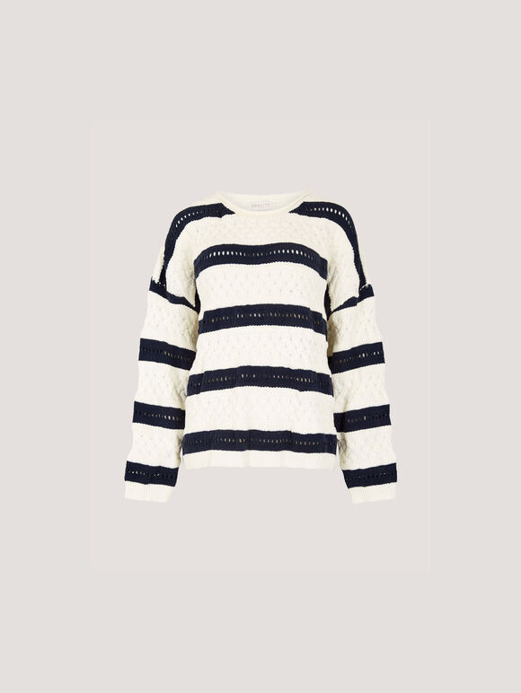 Cable Stripe Pointelle Jumper, White, large