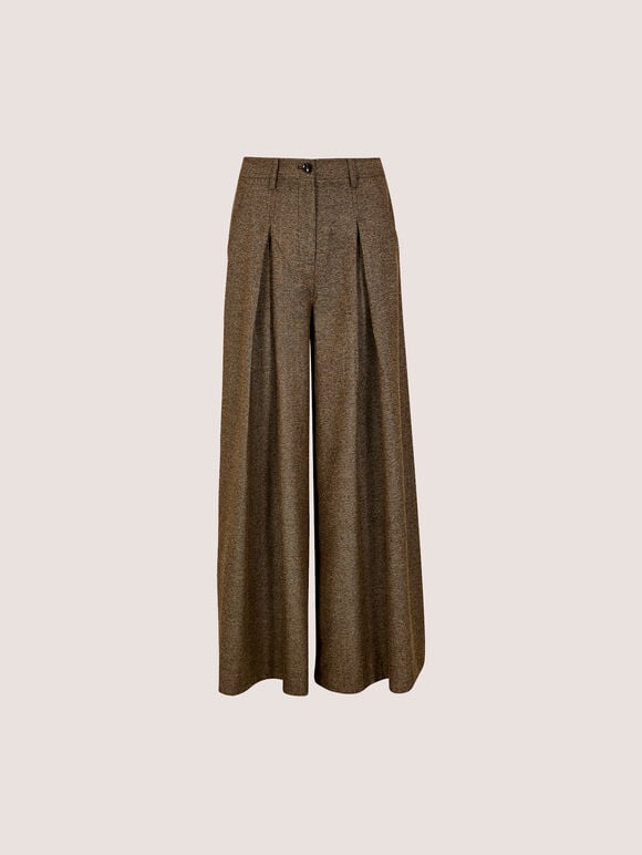 Herringbone Tweed Wide-Leg Trousers, Brown, large
